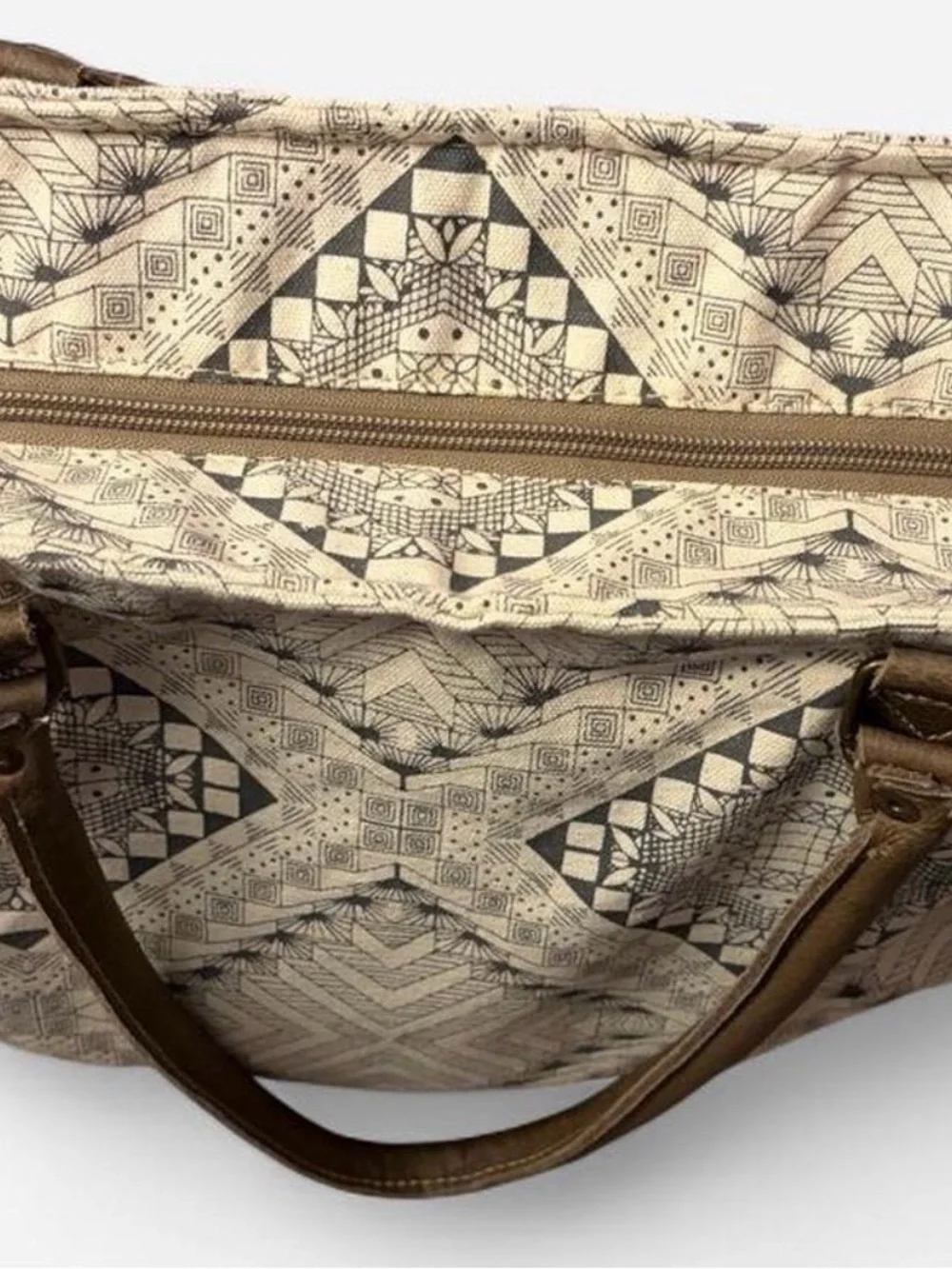 Myra Bag Canvas Geometric Tote Bag with Brown Handles